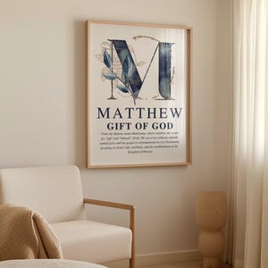 Personalized Christian boy name meaning wall art with navy and gold monogram and Bible description, printable nursery decor.