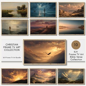 May include: A selection of framed Christian art prints depicting landscapes and biblical verses. The prints show sunset and sunrise scenes with figures and text. The collection includes a "Christian Frame TV Art Collection" and "KJV Frame TV Art Bible Verse Collection" with the text "They shall mount up with wings as eagles".