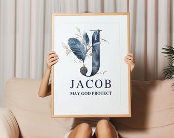 Personalized Jacob Name Print: Navy Floral Monogram, Christian