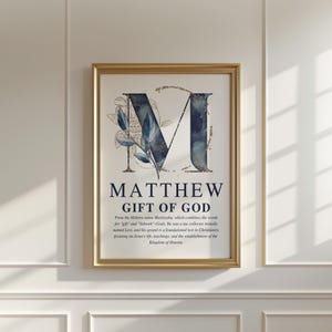 Personalized Christian boy name meaning wall art with navy and gold monogram and Bible description, printable nursery decor.