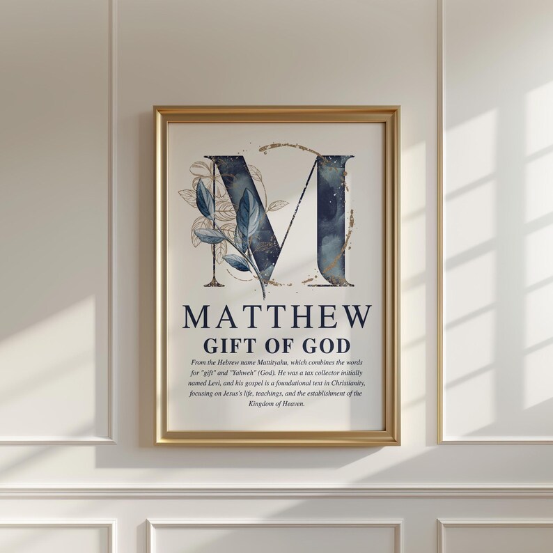Personalized Christian boy name meaning wall art with navy and gold monogram and Bible description, printable nursery decor.