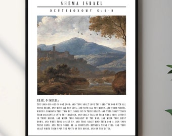 Shema Israel Scripture Wall Art, Deuteronomy 6:4-6 Christian Home Decor, Vintage Bible Verse Print, Mountain Wall Art Decor Digital Download
