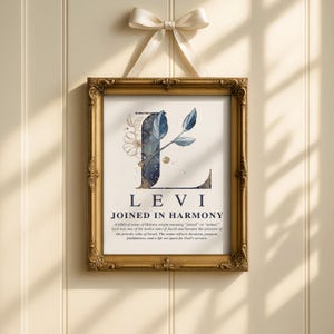 Könnte beinhalten: Ein gerahmter Kunstdruck mit einem großen Buchstaben L, der mit blauen und goldenen Blumenillustrationen verziert ist. Unter dem Buchstaben steht der Name LEVI in Fettdruck, gefolgt vom Text JOINED IN HARMONY und einer Erklärung zur Herkunft.