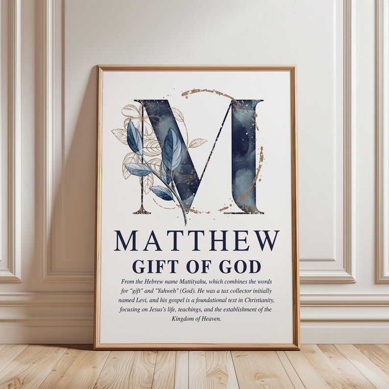 Personalized Christian boy name meaning wall art with navy and gold monogram and Bible description, printable nursery decor.
