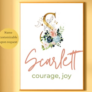 Nome personalizado Scarlett, impressão com significado, presente personalizado, arte para quarto de bebê, arte digital para impressão, presente de aniversário para meninas, decoração em aquarela