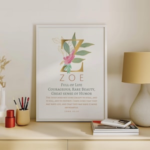 Zoe Name Bedeutung Wandkunst - voller Leben - christliches Baby Mädchen Kinderzimmer druckbar, Blumenbuchstabe Z Namensdruck, digitales Schriftgeschenk