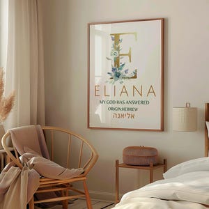 Eliana Name Bedeutung Wandkunst - Mein Gott hat geantwortet - Hebräischer christlicher Name Art Printable, Mädchen Kinderzimmer Dekor, Floral Baby Name Geschenk