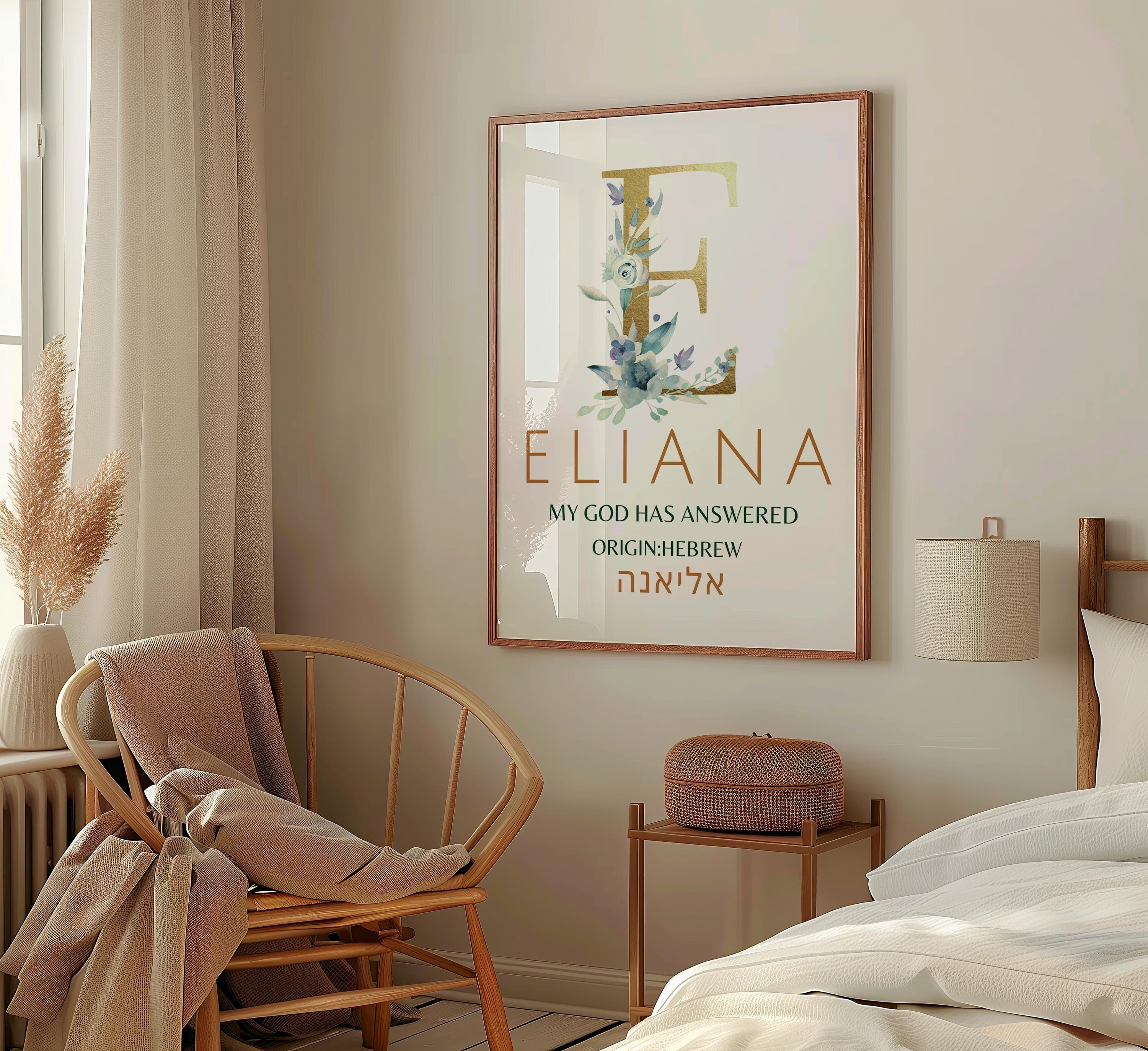 Arte mural con el significado del nombre Eliana: Mi Dios ha respondido. Arte imprimible con nombre cristiano hebreo, decoración para habitación de niña, regalo floral con nombre para bebé.