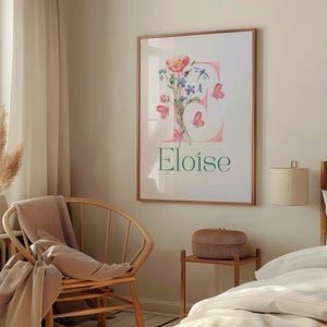 Custom Name Wall Art with Floral Monogram – Eloise Nursery Printable | Personalized Baby Girl Room Decor | Christian Name Meaning Art