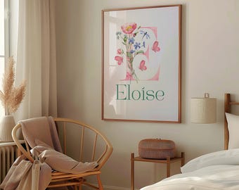 Arte mural con nombre personalizado y monograma floral: imprimible para guardería de Eloise / Decoración personalizada para habitación de niña / Arte con el significado del nombre cristiano
