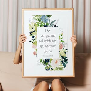 Genesis 28:15 Wall Art Printable – I Am With You Bible Verse | Christian Floral Scripture Print | Digital Download Home Decor