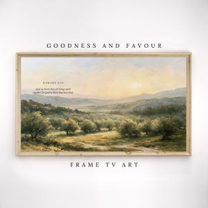 May include: A rectangular landscape painting in a wooden frame depicting a rolling valley with olive trees under a soft sunset sky. The text ROMANS 8:28 and the verse And we know that all things work together for good to them that love God are printed.