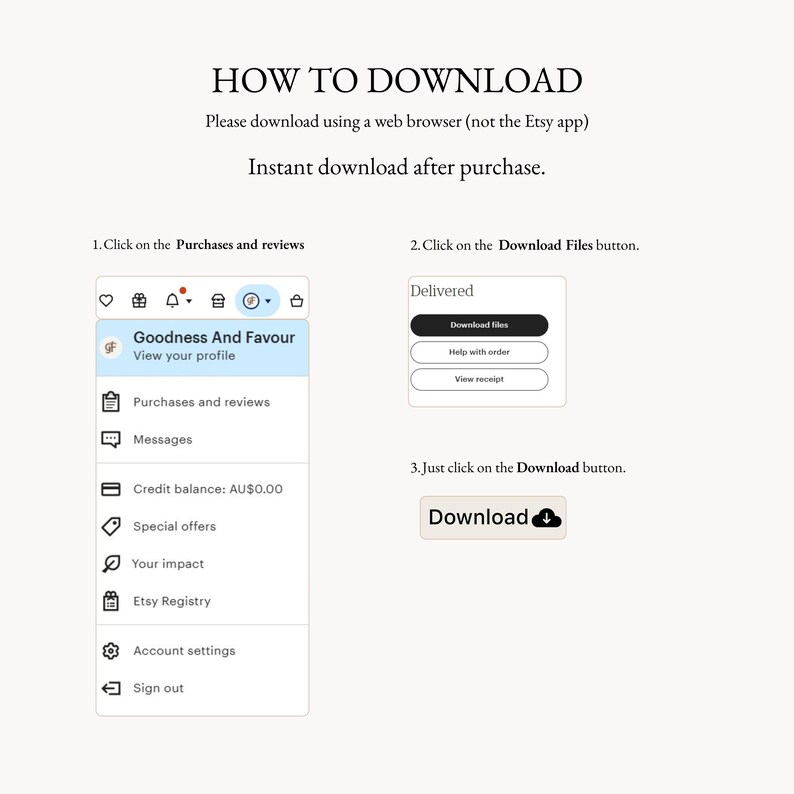 May include: A white graphic with instructions on how to download a digital product from Etsy. The text includes steps to find the download button after purchase. The image shows screenshots of the Etsy website.