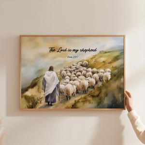 The Lord is My Shepherd Psalm 23:1 Wall Art, Watercolor Jesus with Sheep Scripture Print, Christian Landscape Bible Verse Living Room Decor