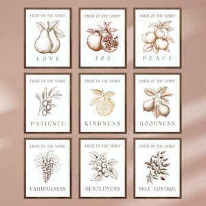 Fruit of the Spirit Wall Art Bundle Printable, Christian Scripture Decor Set of 9, Galatians 5:22-23 Bible Verse Prints