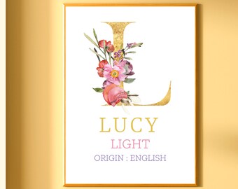 Arte de pared imprimible con el significado del nombre Lucy, arte de pared para la habitación de la guardería, póster moderno para la habitación del bebé, regalo para bebé recién nacido