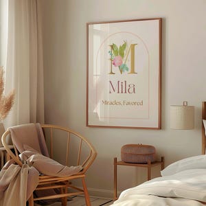 Mila Name Wall Art – Personalized Christian Girl Print – Floral Monogram Nursery Decor – “Miracles, Favored” Scripture-Inspired Name Meaning