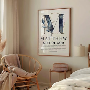 Personalized Christian boy name meaning wall art with navy and gold monogram and Bible description, printable nursery decor.