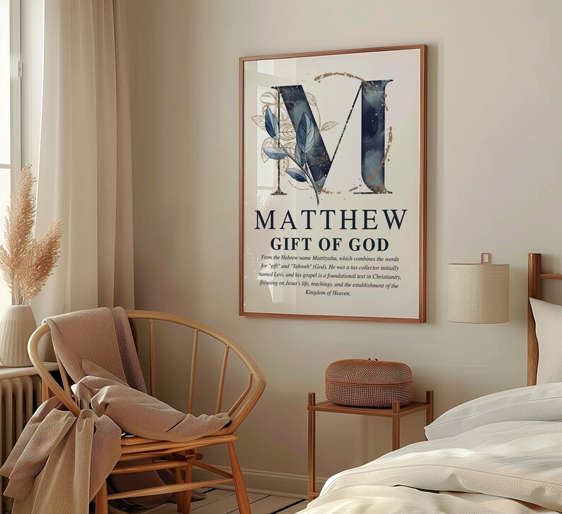 Personalized Christian boy name meaning wall art with navy and gold monogram and Bible description, printable nursery decor.