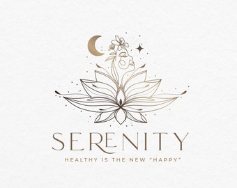 Logo Lotus, Logo Yoga, Logo Art Ligne Femme, Logo Lune, Logo Boho, Logo Bien-être, Logo Fleur, Logo Or | Conception de logo préfabriquée