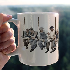 Lunch Atop a Trapeze ceramic mug - unique, funny circus aerialist design plain background