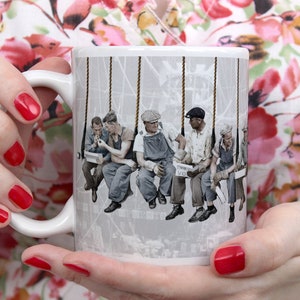 Lunch Atop a Trapeze ceramic mug - unique, funny circus aerialist design