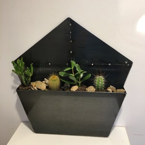 Op de afbeelding: Een zwarte metalen wandbeplanting met een driehoekige bovenkant en een rechthoekige basis. De beplanting is gevuld met kleine planten en stenen.