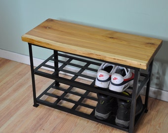 Bespoke Shoe Rack, Hallway seat, Shoe Storage, Yew Wood, waney edge wood, Bench, Handmade, Unique Wood, Hall Tidy,  Unique, Seat