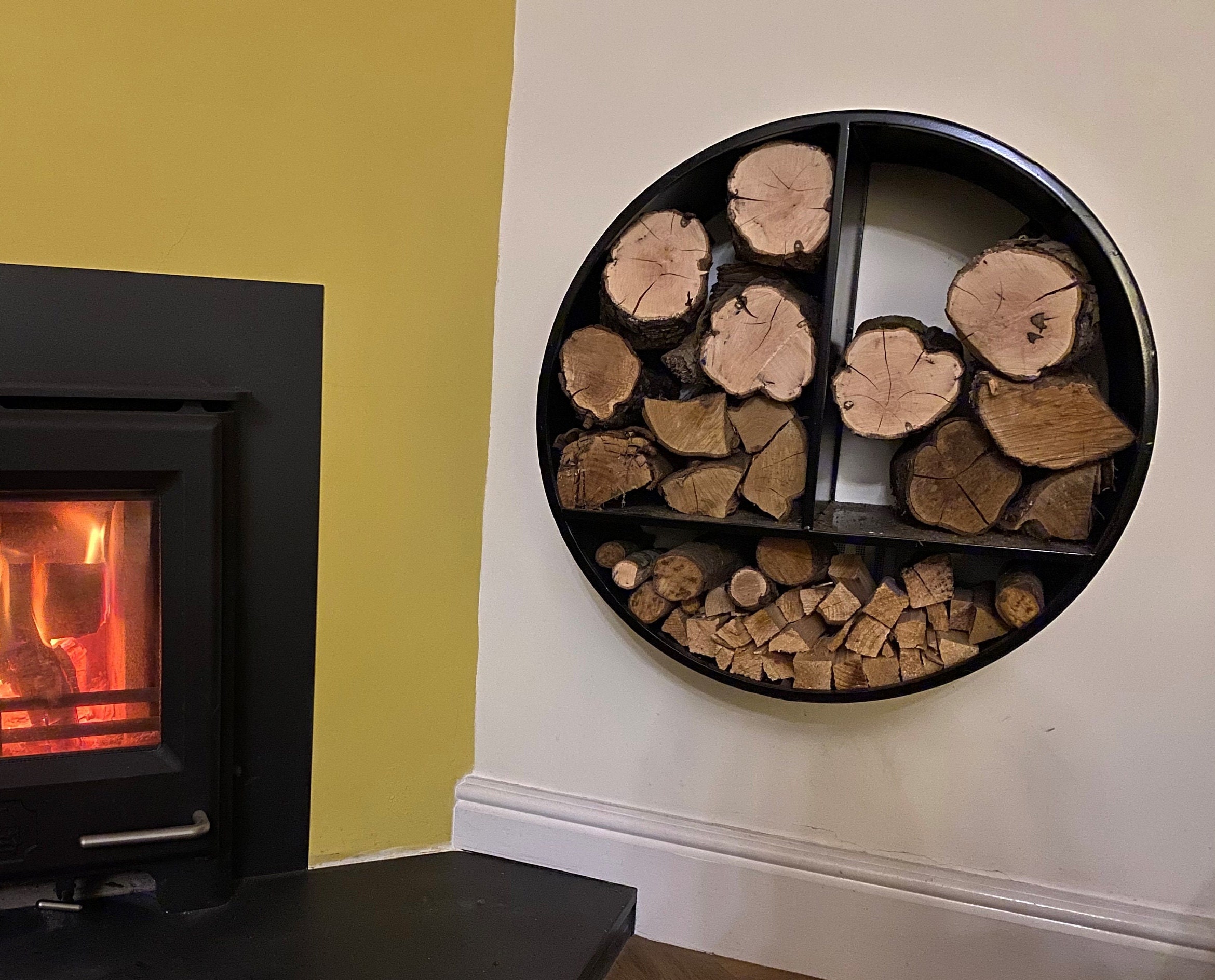 Log Store Log Holder Wall Mounted Handcrafted Kindling Store Fireside Furniture in or Outdoor Circular Minimalist premium Etsy Denmark