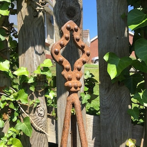 May include: A rusty metal garden stake with a decorative diamond-shaped top. The stake is made of three metal rods that come together at the top. The stake is set against a wooden fence with ivy growing on it.