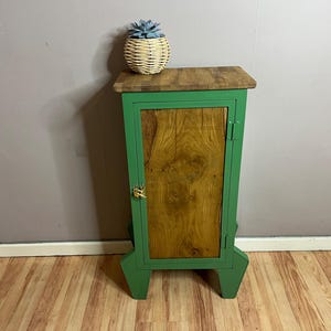 Op de afbeelding: Een groene kast met een houten deur en een gouden grendel. De kast heeft vier poten en staat op een houten vloer. Een kleine plant in een pot staat bovenop de kast.