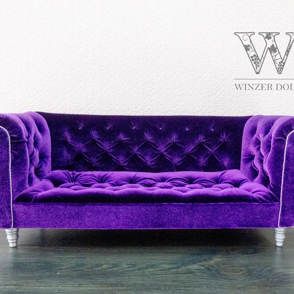 1/4 Chesterfield sofa, royal purple velvet, for 16″ dolls, BJD furniture