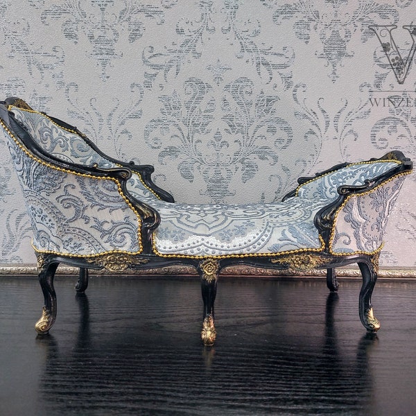 1/4 daybed Louis XV mid-18th century, black & gray, for dolls 16 inches