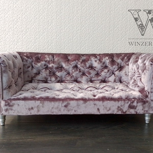 1/4 Chesterfield sofa, purple velvet, for 16″ dolls, BJD furniture