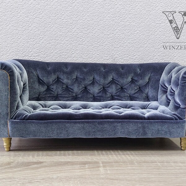 1/4 Chesterfield sofa, gray velvet, for 16″ dolls, BJD furniture