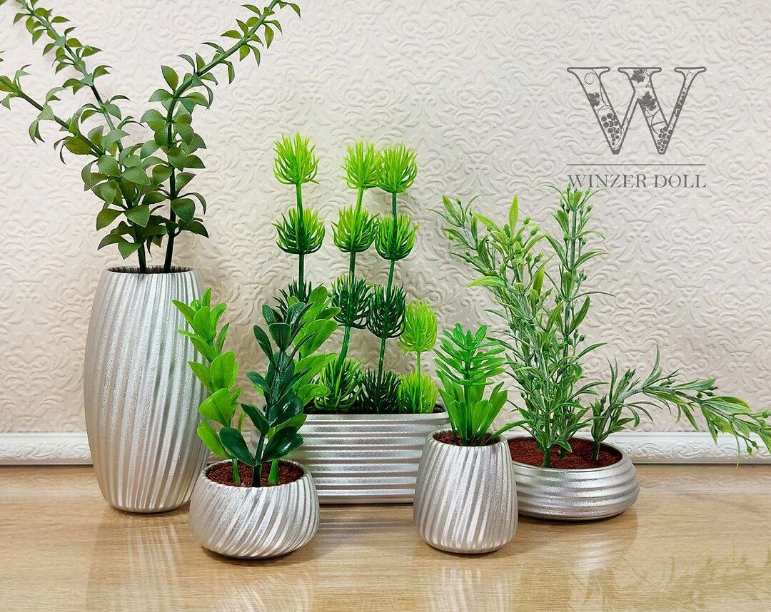 Miniature Artificial Plants in Pots Set of 5 Pcs Silver for Etsy
