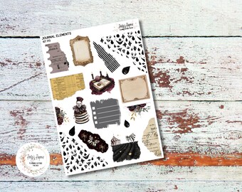 May include: A sheet of journal elements with a vintage theme. Includes ticket stubs, frames, a book, a clown, and decorative elements in shades of brown, black, and cream. The text "Journal Elements Kit 173" is visible.