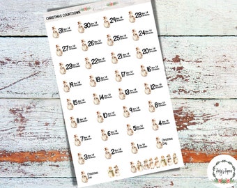 Neutral Winter Snowman Christmas Countdown Planner Stickers, Advent Stickers