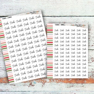 May include: Two sheets of stickers with the word "tasks" written in cursive on each sticker. The stickers are in two sizes, large and small. The sheets have a variety of colored stripes on the side.