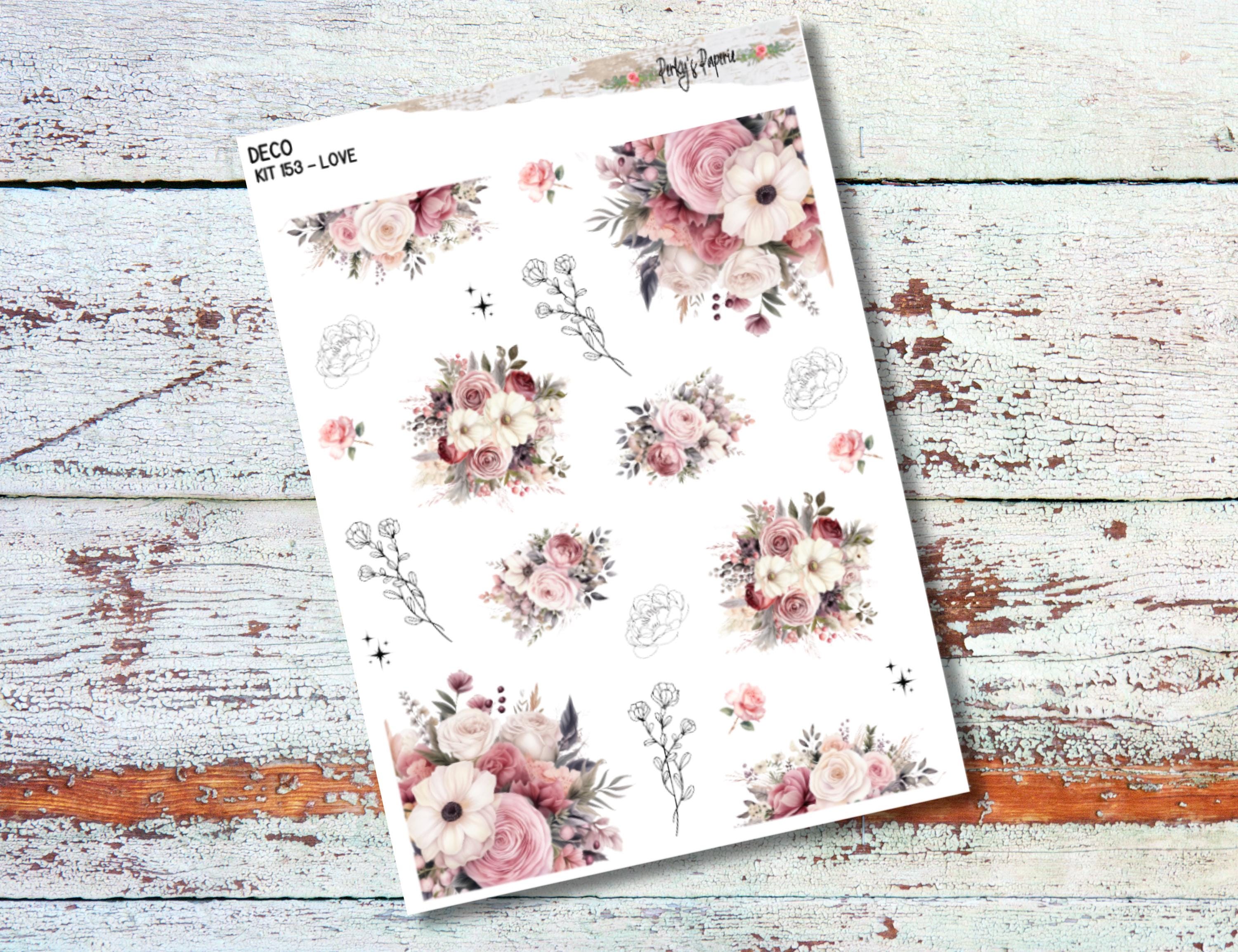 Full Sheet Deco Planner Stickers Kit 153 Love Pink Rose Florals, EC, HP ...