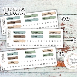 May include: Stitched box date covers in 7x9, A5, and B6 sizes. Each sticker features a color-blocked design with days of the week and numbered dates. The stickers are in shades of beige, brown, and green, with the text "Stitched Box Date Covers".
