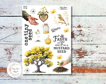 May include: A sticker sheet with watercolor illustrations of seeds, plants, and a tree. The text "one tiny seed" and "Faith as small as a mustard seed" are included. The color palette is primarily yellow, green, and brown.