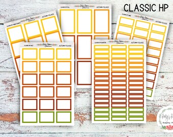 May include: A set of printable planner stickers with a fall theme. The stickers feature various sizes of rectangular boxes with different colored borders. The colors include yellow, orange, brown, and green. The text "CLASSIC HP" is at the top of the image.