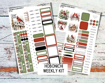 Hobonichi Cousin A5 Weekly Planning Sticker Kit 111, Planner Stickers, Winter Cardinals, Snow Covered Weekly Spread