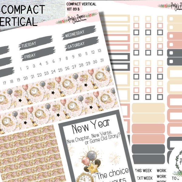 EC A5 Coiled Compact Vertical Weekly Planning Sticker Kit 89 New Years  |  Decorative Planning | Functional | Rose Gold Gray