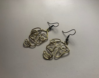 BILLY| comfortable light weight design wire face earrings, one line art jewelry, handmade  Picasso brass wire earring, unique minimalist