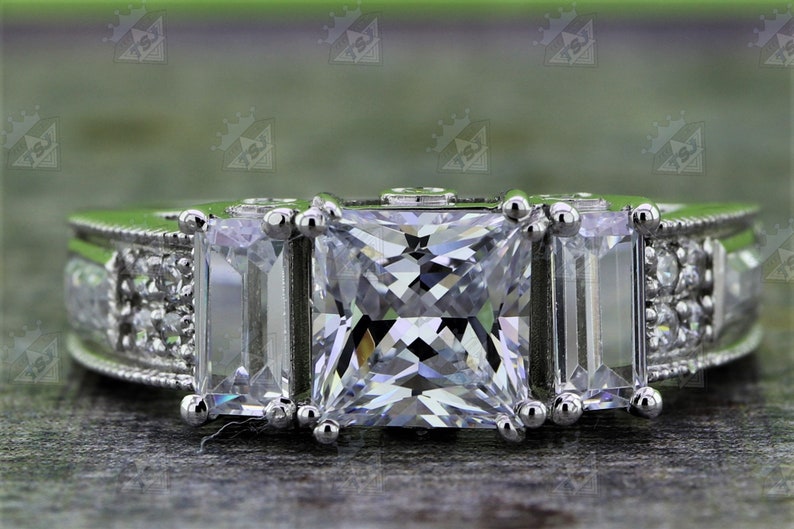 Three Stone Vintage Antique Princess & Baguette Cut Colorless Moissanite Thick Engagement Wedding Ring, shops Handmade jewelry