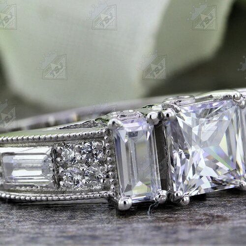 Three Stone Vintage Antique Princess & Baguette Cut Colorless Moissanite Thick Engagement Wedding Ring, shops Handmade jewelry