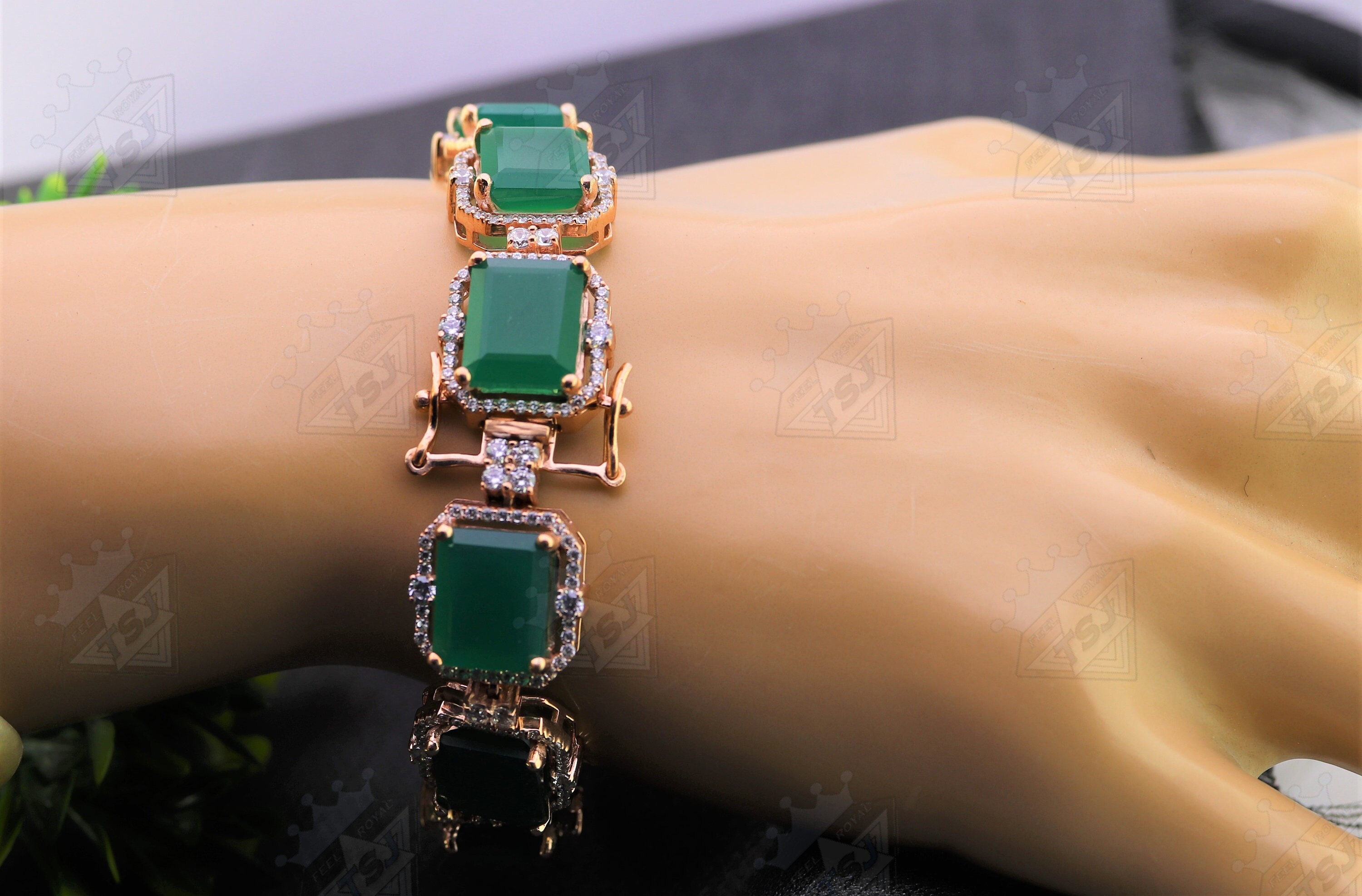 Diamond Tennis Bracelet 14kt Gold Over Green Emerald Cut | Etsy