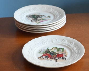 Service vintage de 6 assiettes à dessert en porcelaine blanche avec illustration de voiture ancienne